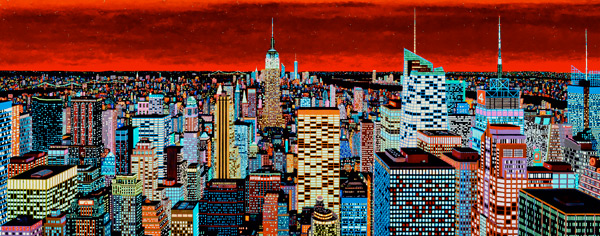 luminescent paints used for "New York City" cause the sunset to fill the sky in this photo.