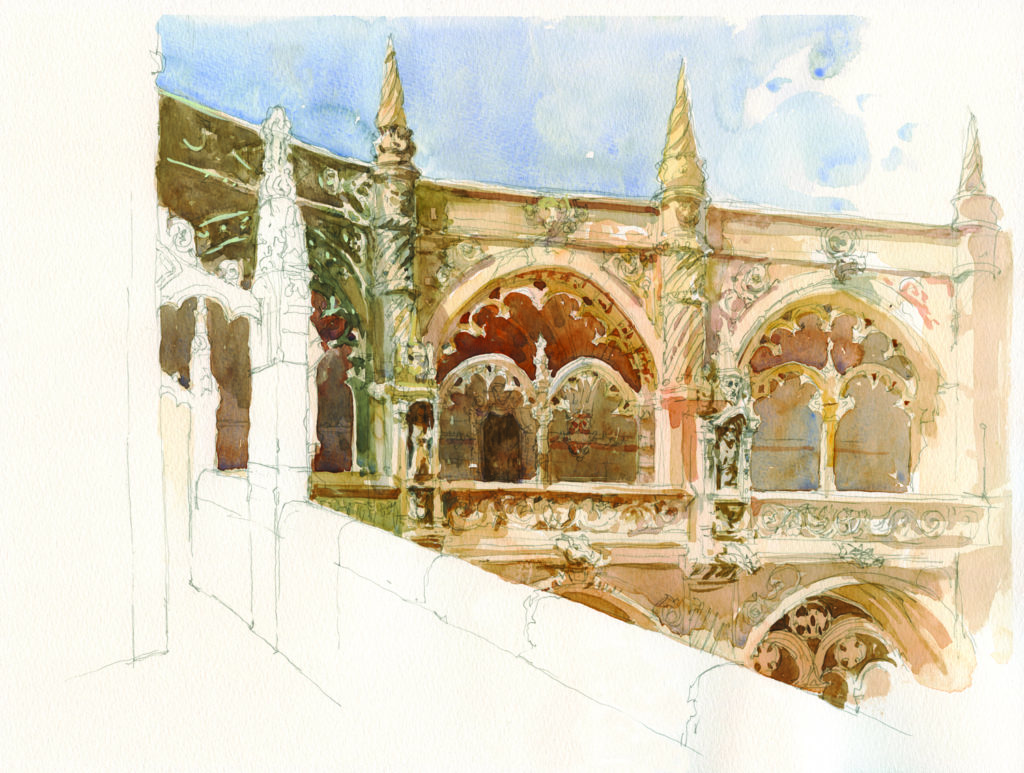 Lisbon, Jeronimos Interior (pen, ink and watercolor on 140-lb. Canson Montval block, 15x20) by Marc Taro Holmes