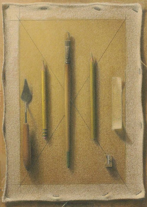 Still Life For Jeff 2007, colored pencil and ink wash on canvas, 14 x 20. Collection Marge and Matthew Henry.