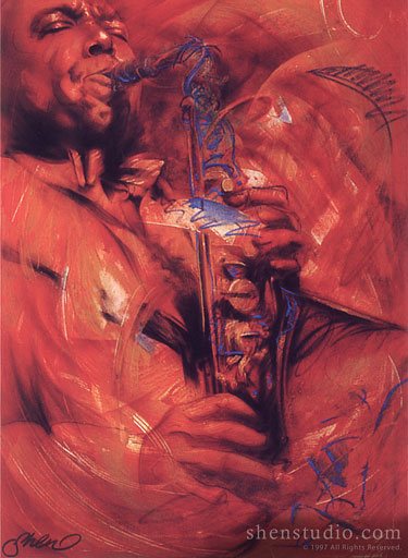 Portrait painting of a saxophone player by Shen, titled Blue Bird.