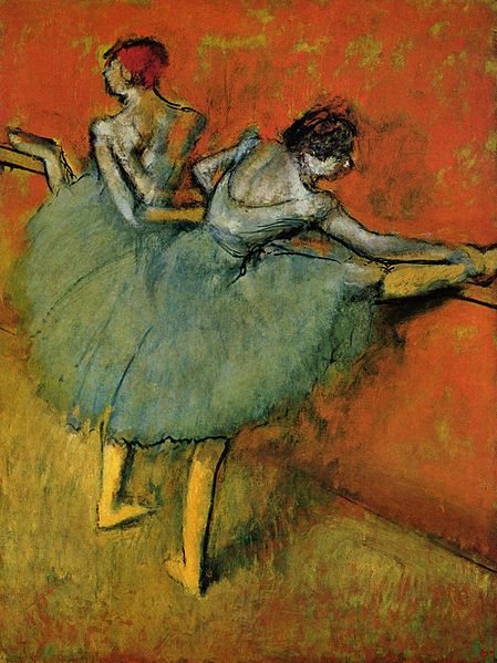 In Dancers at the Bar by Edgar Degas, 1888, the artist used complementary colors to make a sharp contrast between the figures and the space.