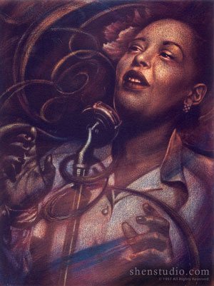 A portrait painting by Shen, titled Billie Holiday.