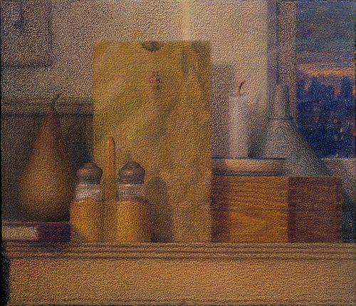 Still Life For Gerard 2009, colored pencil and ink wash on canvas, 12 x 14. Collection the artist. All images, methods, and process © Robert Kogge.