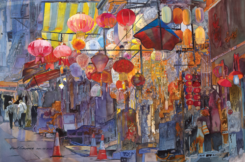 Hong Kong Central (watercolor on paper, 24½x37) by John Salminen | travel paintings