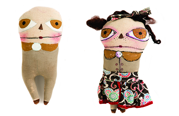 For funky mixed-media doll faces, exaggerate the features and use paint for bold, opaque color.