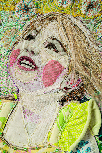 Add dimension to mixed-media faces with fabric and stitch.