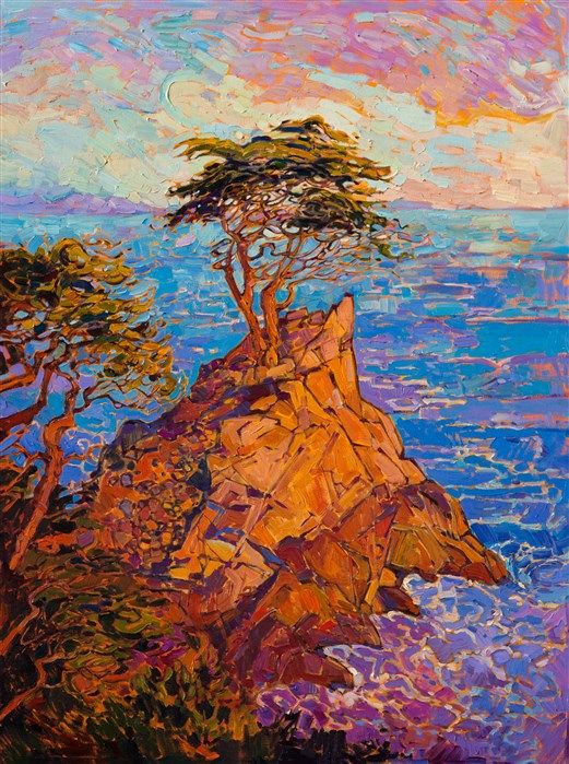 Color mixing -- Lone Cypress, the most famous cypress tree in Monterey, is painted here in vivid color and strong brush strokes, by California impressionist Erin Hanson