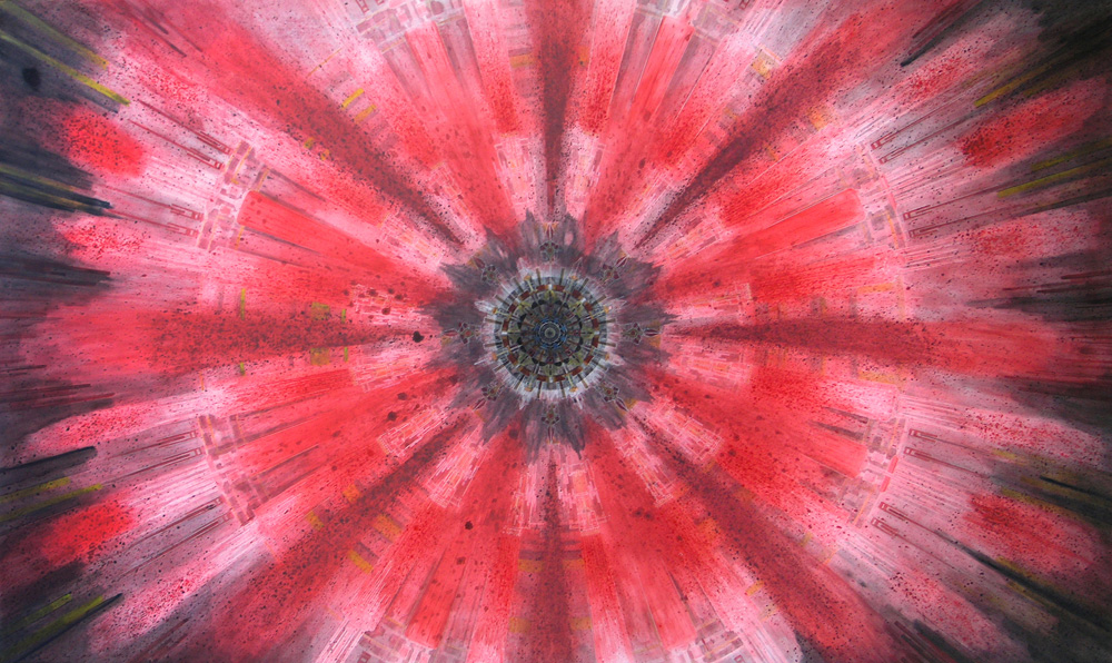 Abstract painting: Explosion Calculus in Red by Katie Shima, acrylic painting.