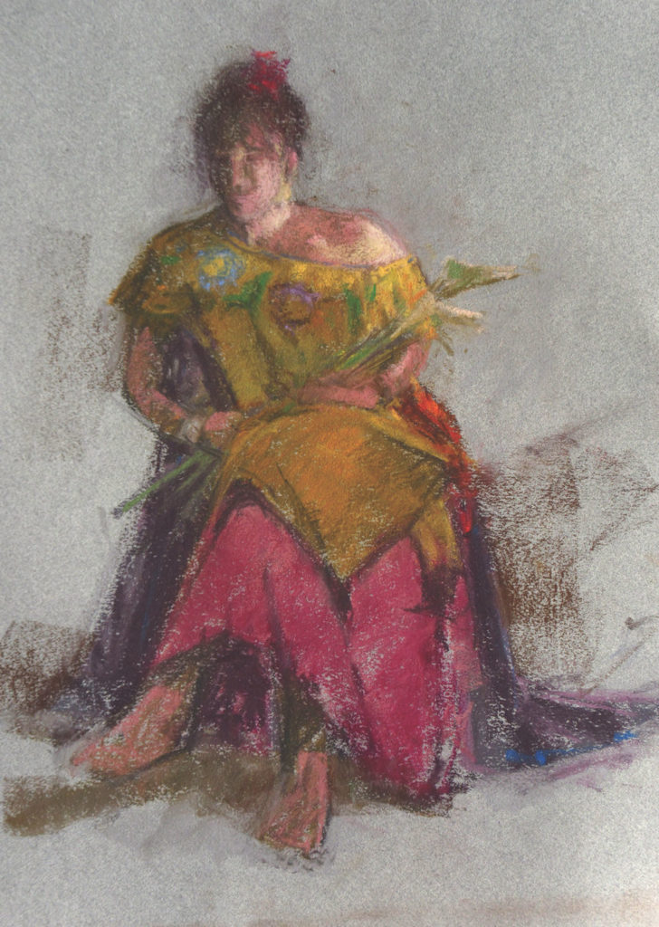 Gold and Violet by Michael Chesley Johnson, pastel on paper | How to sketch people at the airport, feature from Artists Magazine