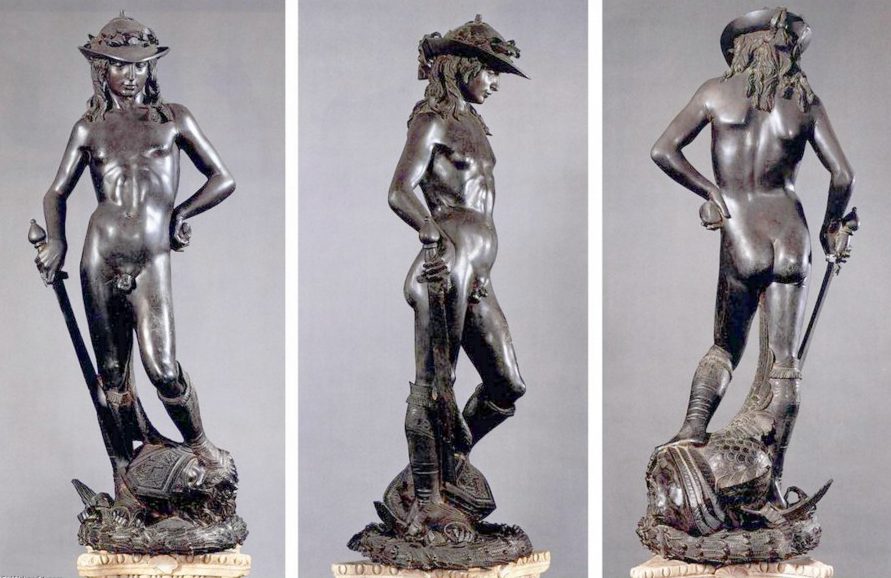 Art history glossary: The contrapposto of Donatellos bronze David clearly displayed in these three views of the sculpture. 