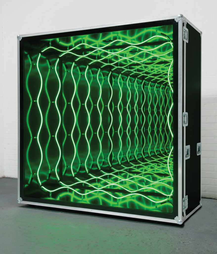 Impenetrable Room by Iván Navarro neon, aluminum, mirror, one-way mirror and electric energy; 72x72x30 | neon art