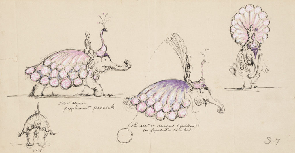 Peppermint Peacock Elephants -- a sketch from Miles White, a costume designer whose work is on view in "A Kaleidoscope of Color: The Costume Designs of Miles White" at the John and Mable Ringling Museum of Art. 