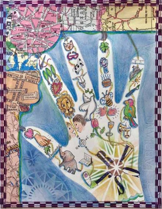 Map of My Hand Holders by Jill M. Berry, mixed media and collage on paper 10" × 8"