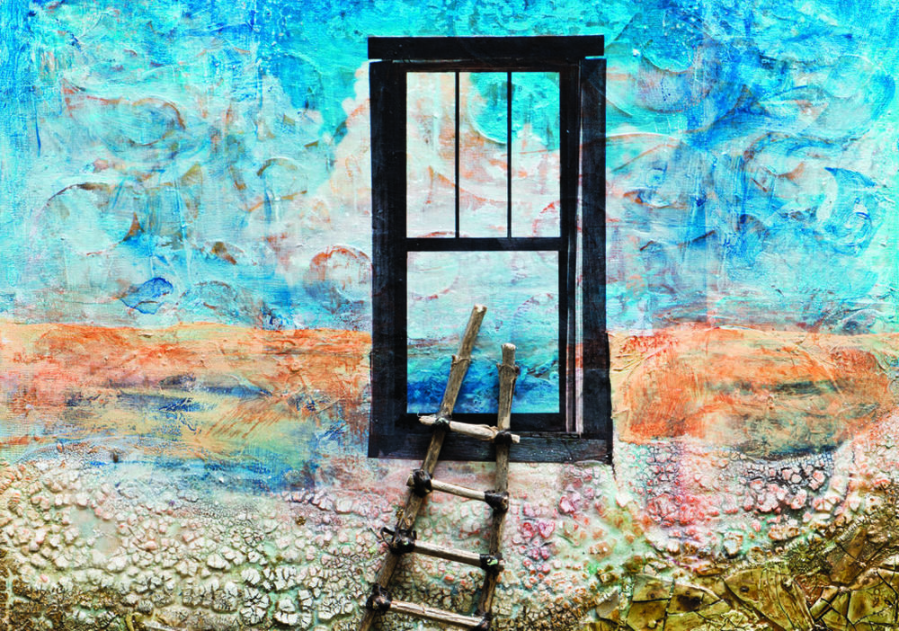 My painting Milagro, which means miracle, is where I found the ladder leading up to the window to the sky. It is inspired by a real place in northern New Mexico. Milagro by Sandra Duran Wilson, mixed media on panel 14" × 14"