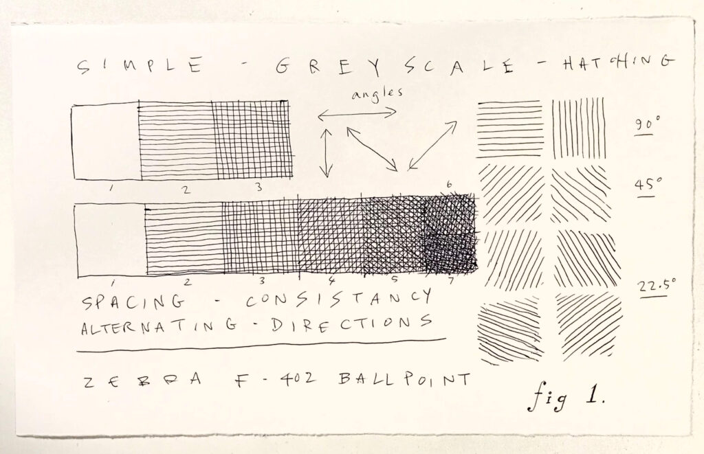 Guno Park practices grayscale hatching in a drawing exercise with Zebra Pen